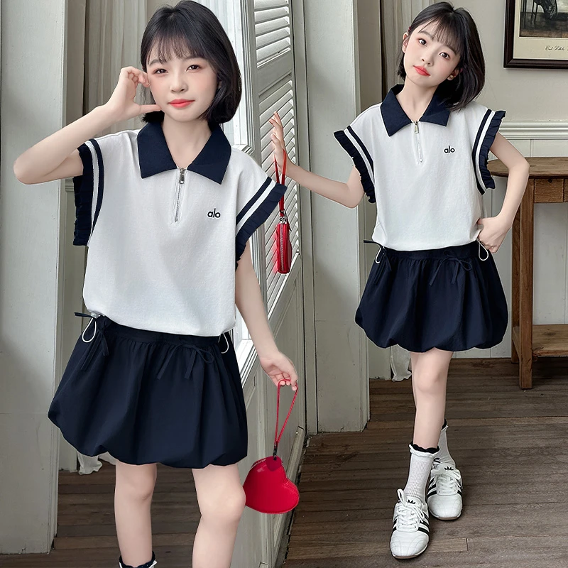 休闲风套头女夏季薄款纯色韩版翻领学院风套装（价格已开）