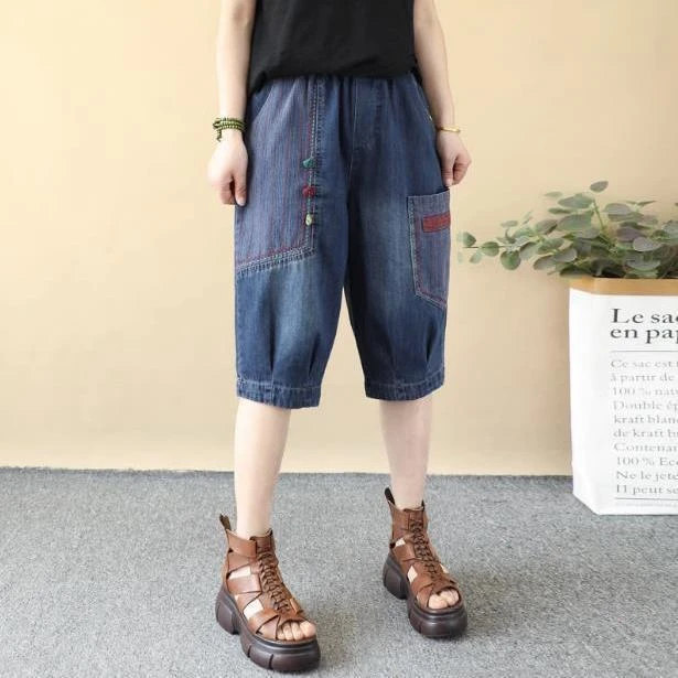 夏季新款刺绣牛仔裤女夏季松紧复古彩色盘扣水洗贴布六分哈伦裤