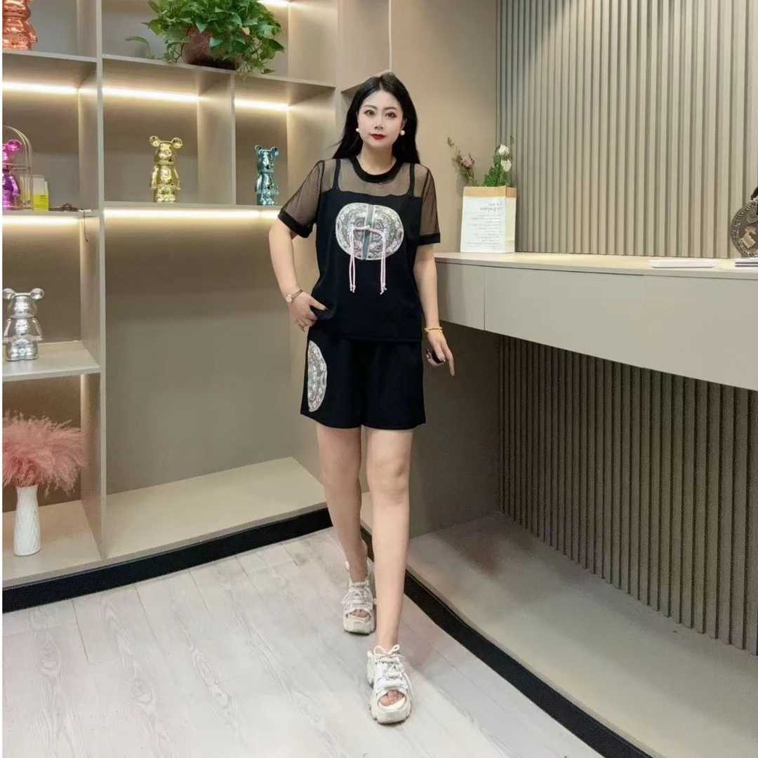 夏季套装-玲 8078时尚国风潮流盘扣显瘦镂空透气胖MM大码女装新款