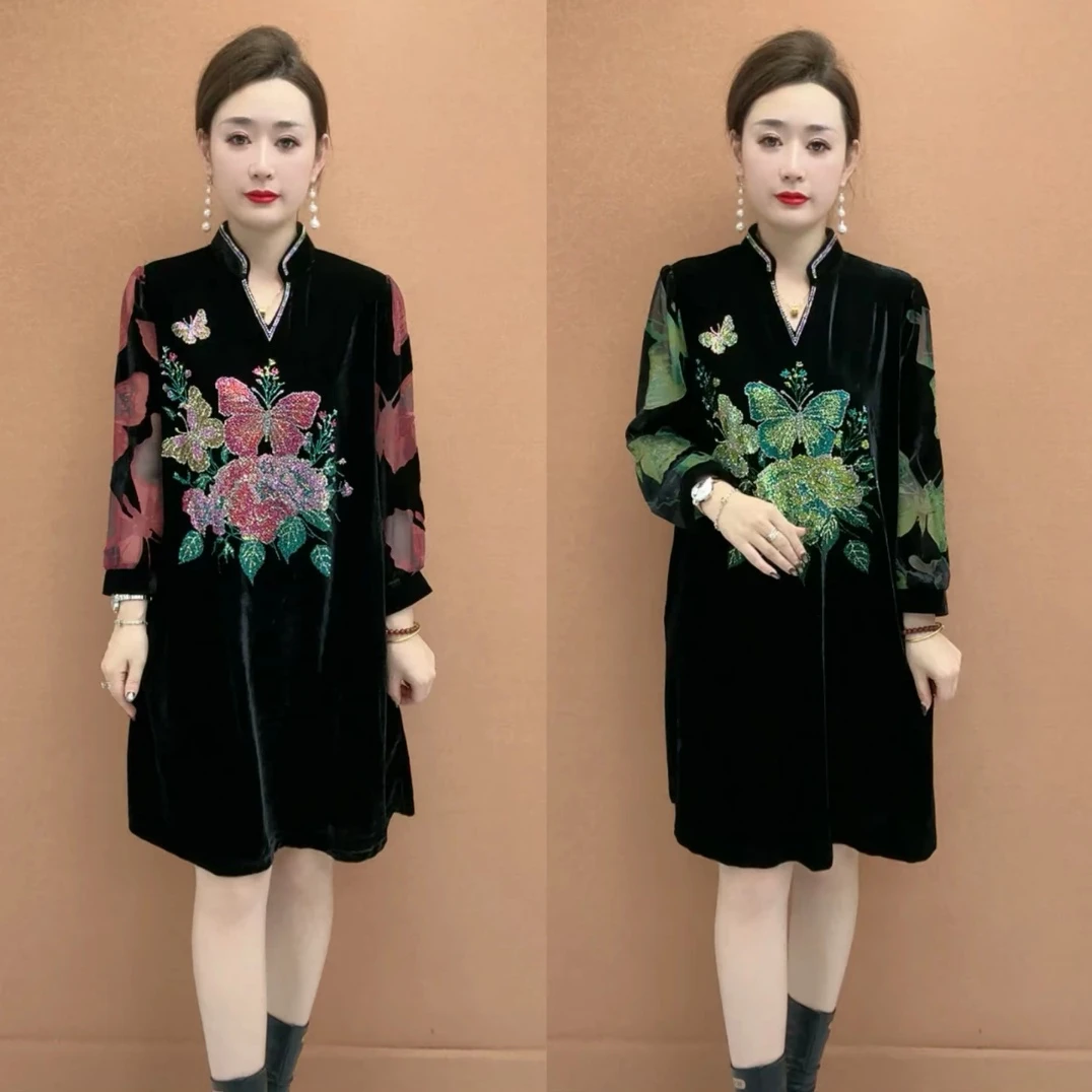 时尚气质丝绒连衣裙秋冬遮肚子显瘦中老年妈妈洋气打底长裙大码装