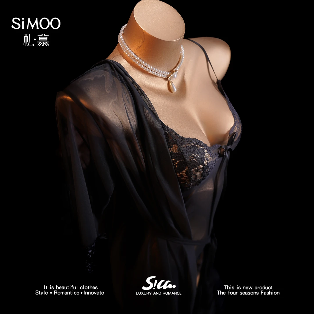 新款法式纯欲公主风性感网纱吊带睡裙长袖甜美露背显瘦蕾丝睡裙