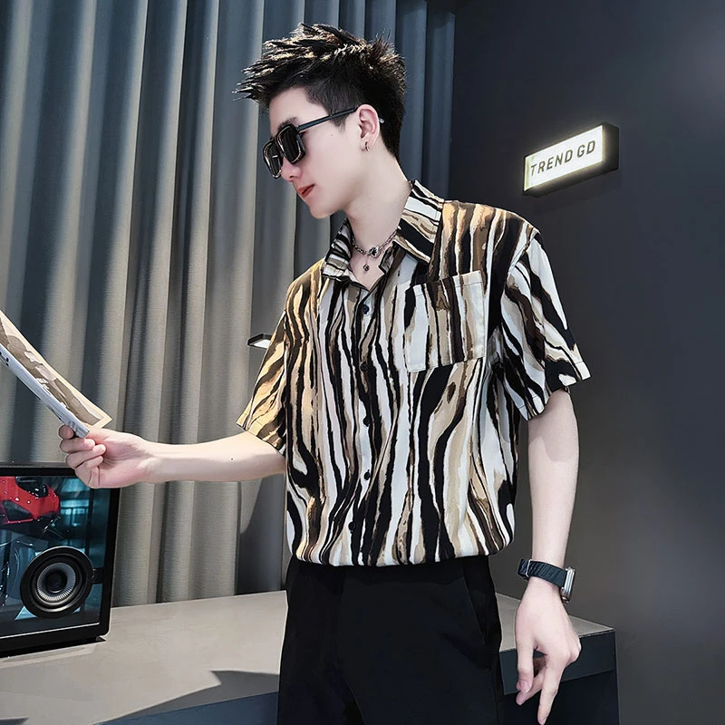 夏季冰丝速干短袖衬衫男条纹寸衫2025新款薄款沙滩渡假风衬衣半袖