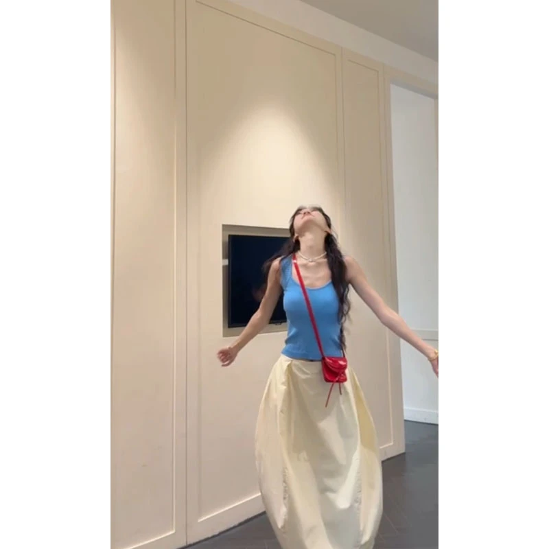 韩系甜美温柔休闲百搭时尚气质高级蓝色吊带背心高腰半身裙套装女