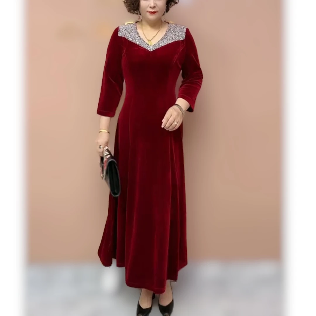高端婚宴妈妈装金丝绒显瘦气质年轻镶钻高贵连衣裙平常可穿长裙子
