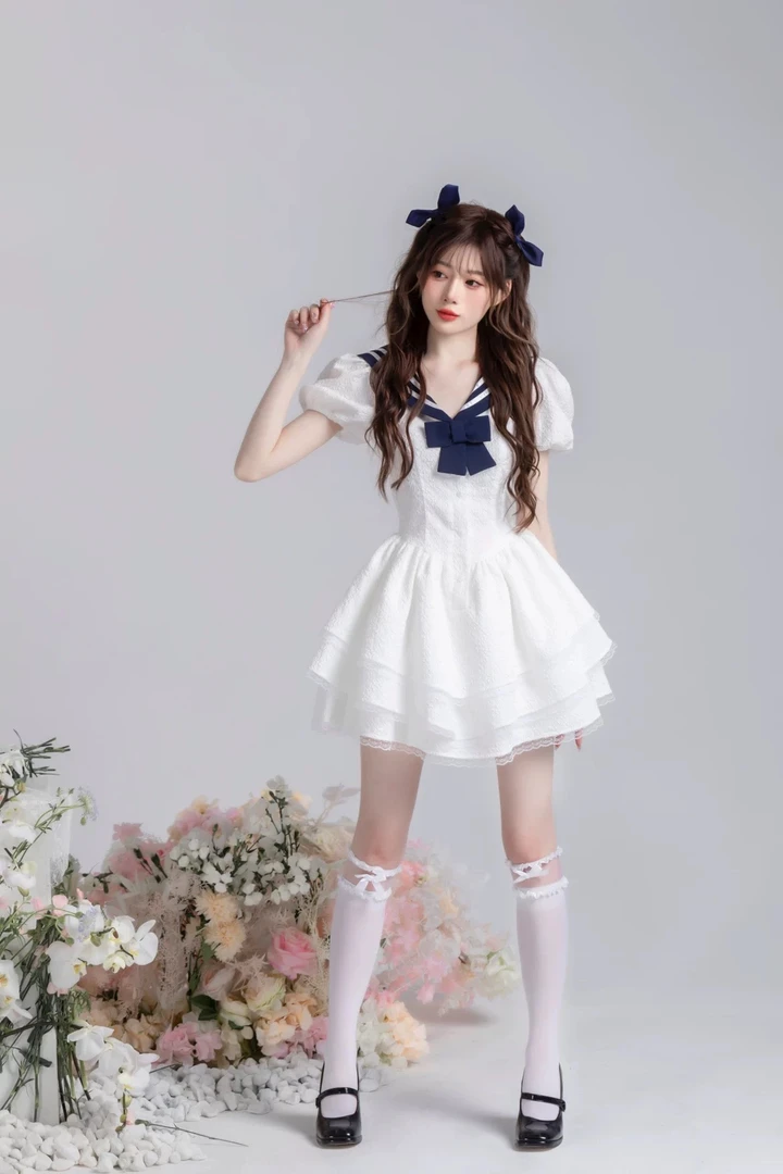 现货SISI酱原创《元气海军风蓬蓬裙》裙摆三层花边纯欲甜美蓬蓬裙