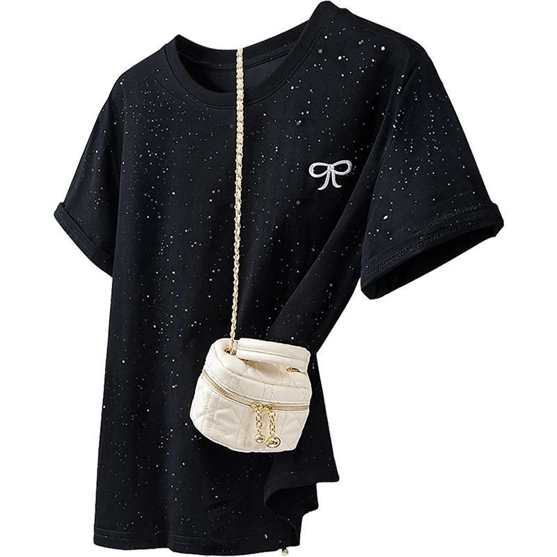 丝柏舍2025夏装新款女装落肩短袖蝴蝶结刺绣圆领休闲T恤S52X2760T