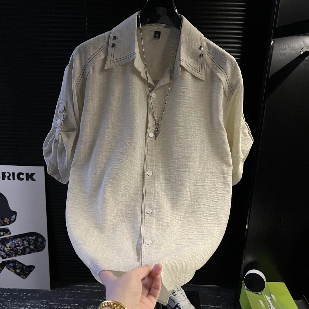 TQ-莱赛尔衬衫男士中袖商务休闲夏季薄款翻领衬衣时尚百搭外套