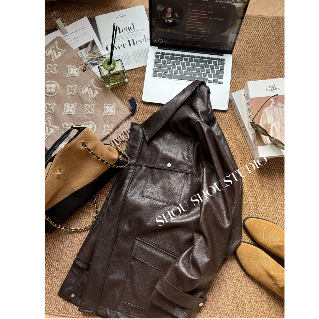 【瘦瘦】焦糖咖啡-大码秋季翻领荔枝纹显瘦夹克皮衣外套S01998