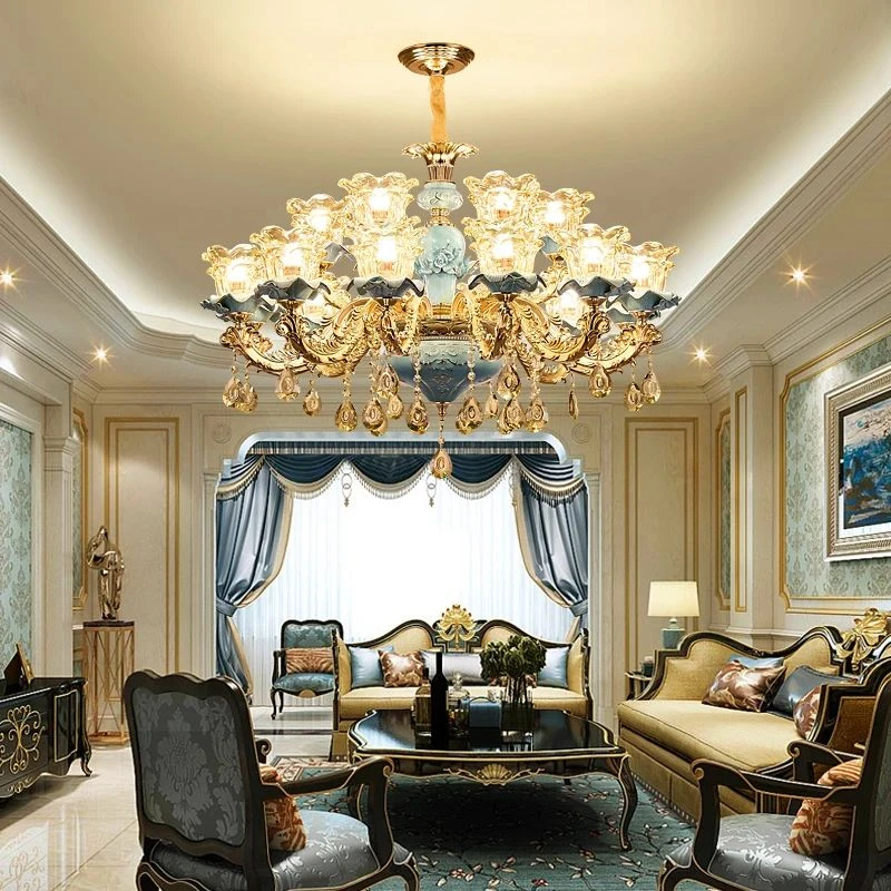 客厅灯奢华大气蓝色陶瓷简欧吊灯复式大厅别墅酒店欧式吊灯家用
