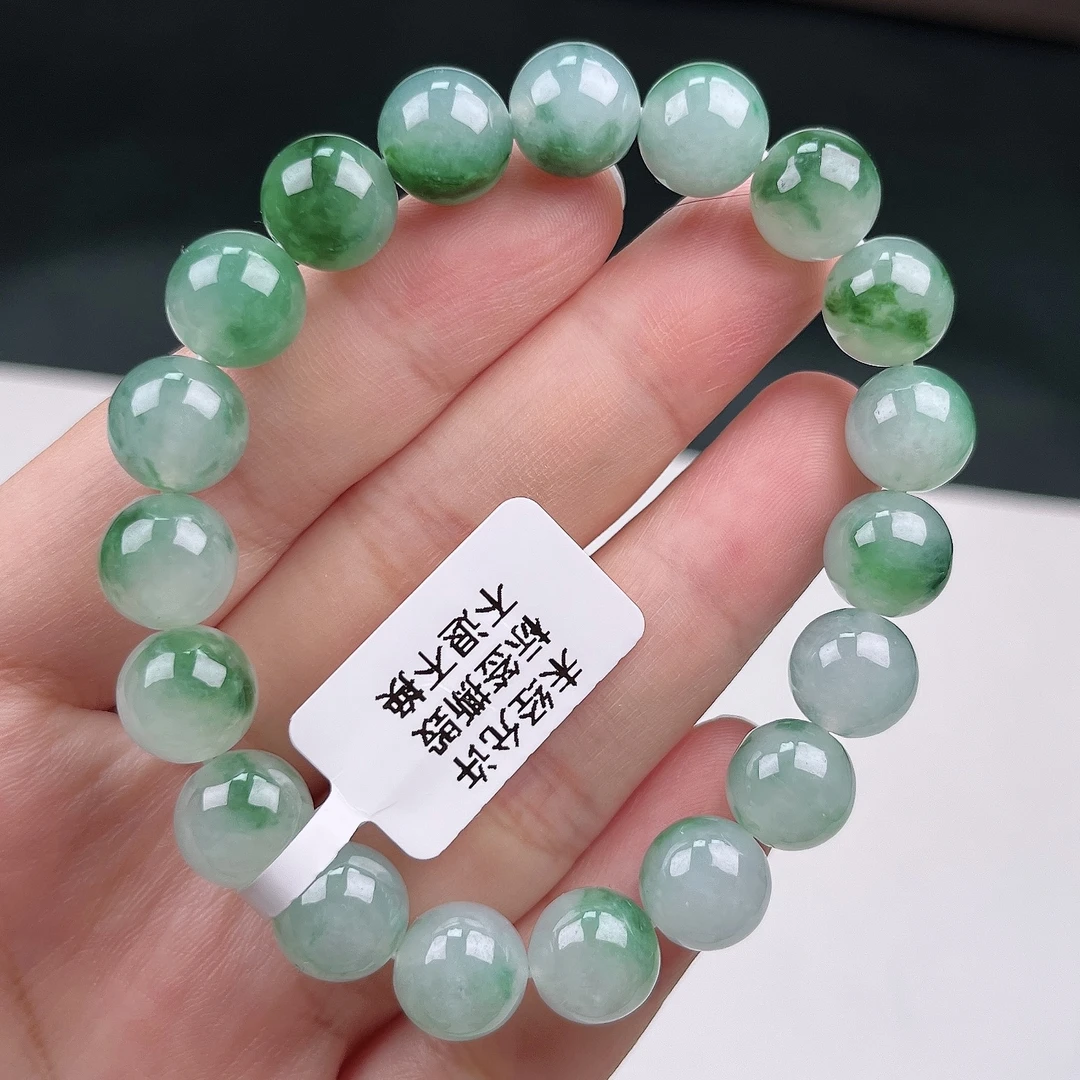 缅甸翡翠手串天然A货卡10冰飘绿花浓妆重彩特色时尚百搭品质珠宝