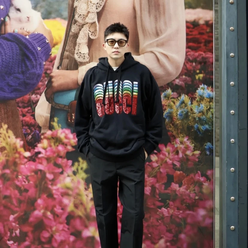 全新未使用 GUCCI/古驰 古驰亮片字母logo连帽长袖卫衣黑色
