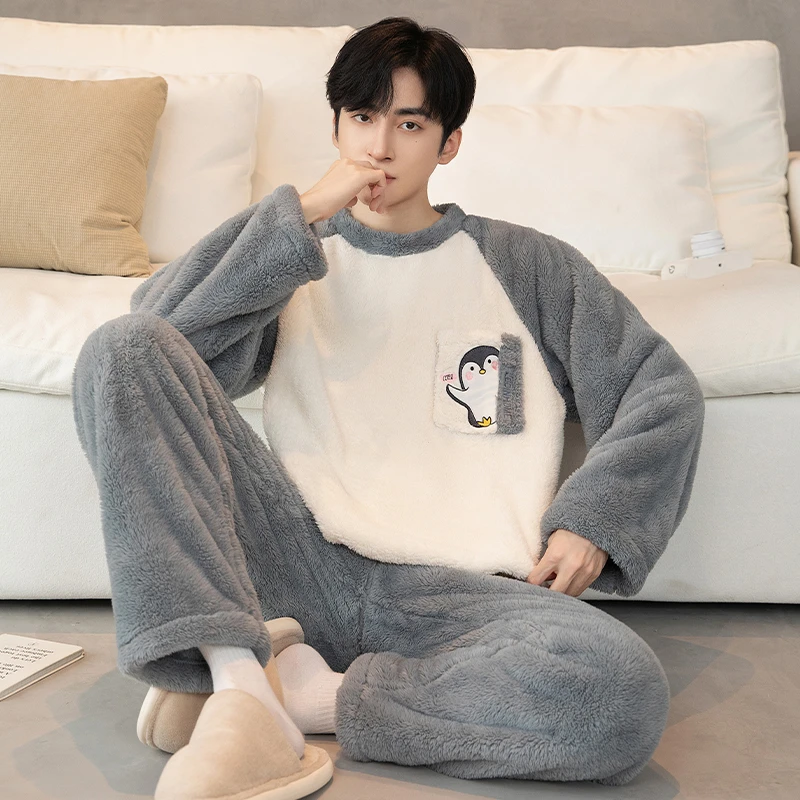 男士睡衣秋冬款珊瑚绒加绒加厚保暖冬天青年法兰绒简约大码家居服
