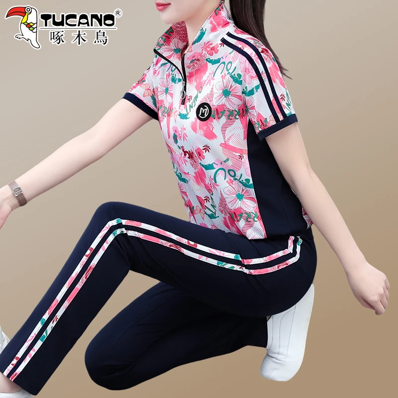 啄木鸟立领运动套装女夏季2025新款中年妈妈速干短袖休闲两件套