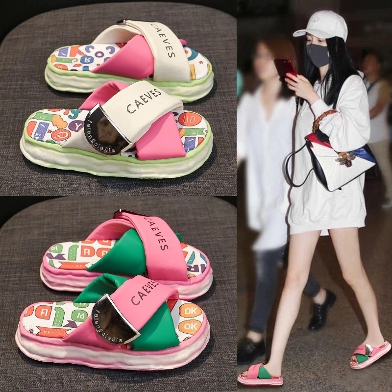 三福网红涂鸦拖鞋女2025新款夏季外穿厚底一字拖休闲踩屎感凉拖