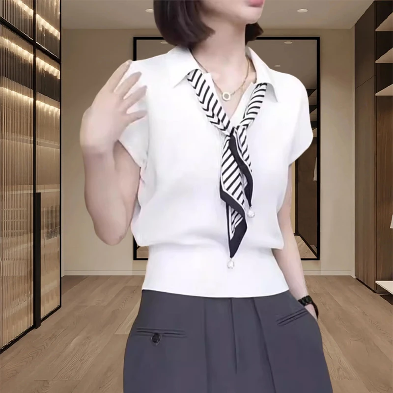 学院风青春减龄翻领t恤女2025夏季新款显瘦通勤百搭丝巾系带上衣