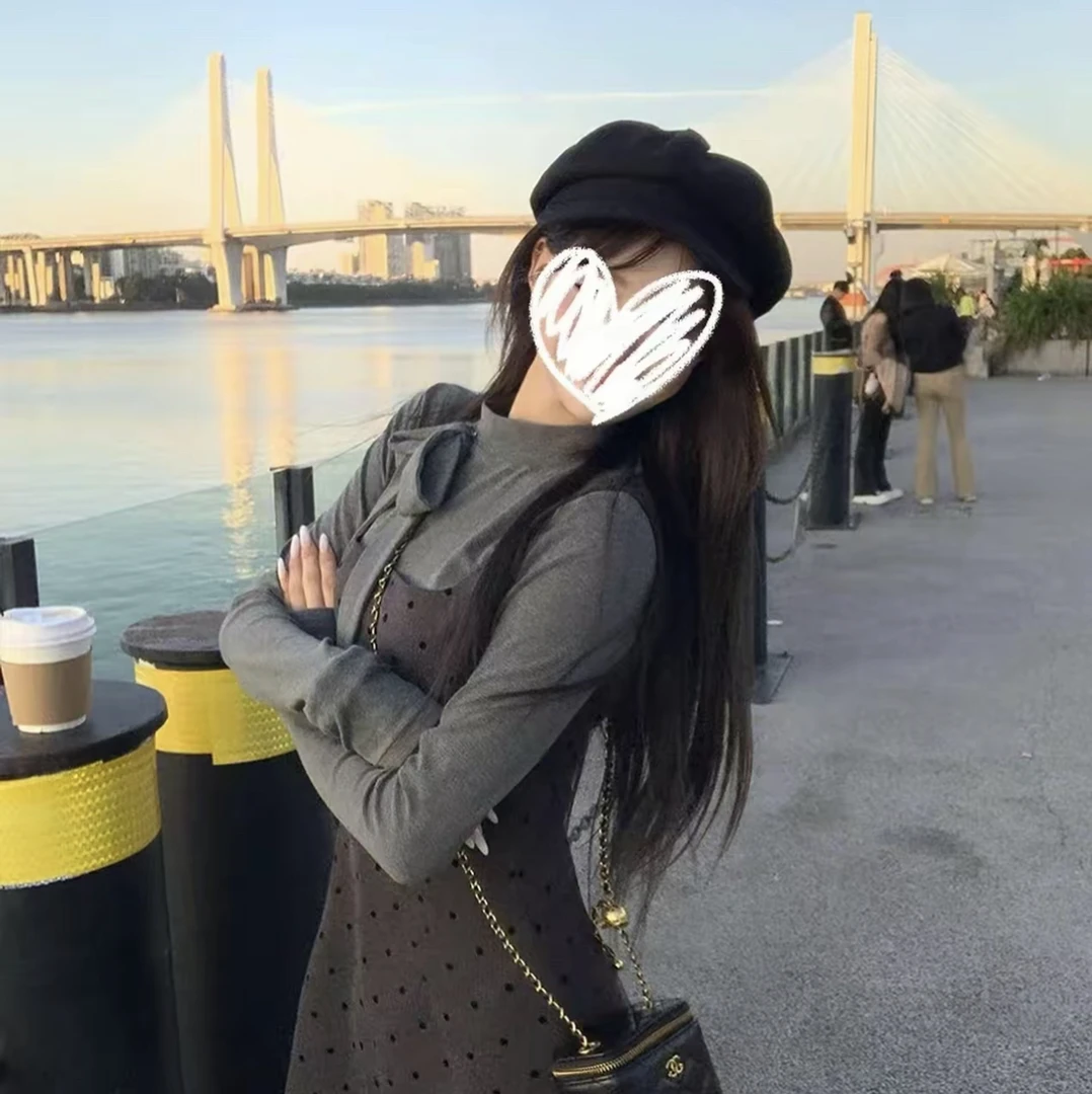 韩国小镇~高级感miu系针织内搭连衣裙子女秋冬季灰色短裙