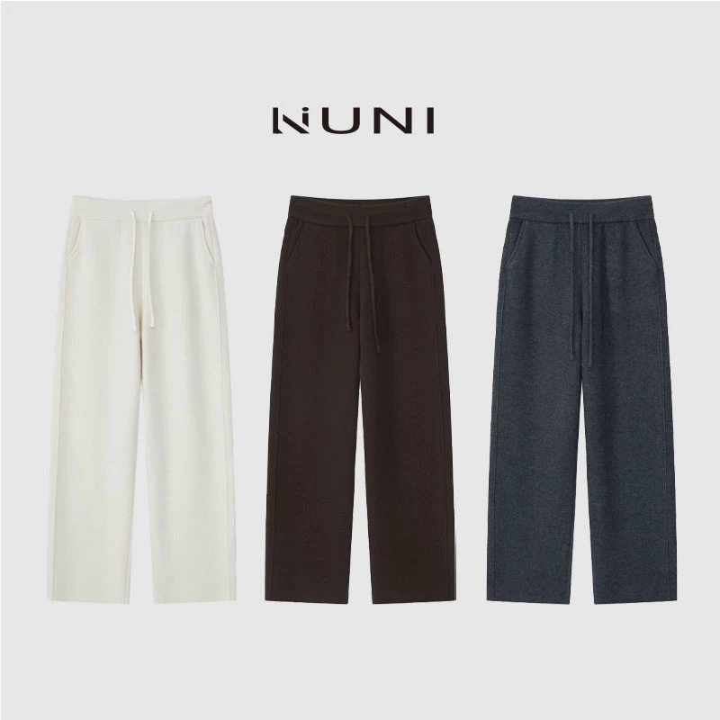 LINUNI“丘比特珍选”冬季兔毛浣熊加厚针织裤高腰阔腿裤