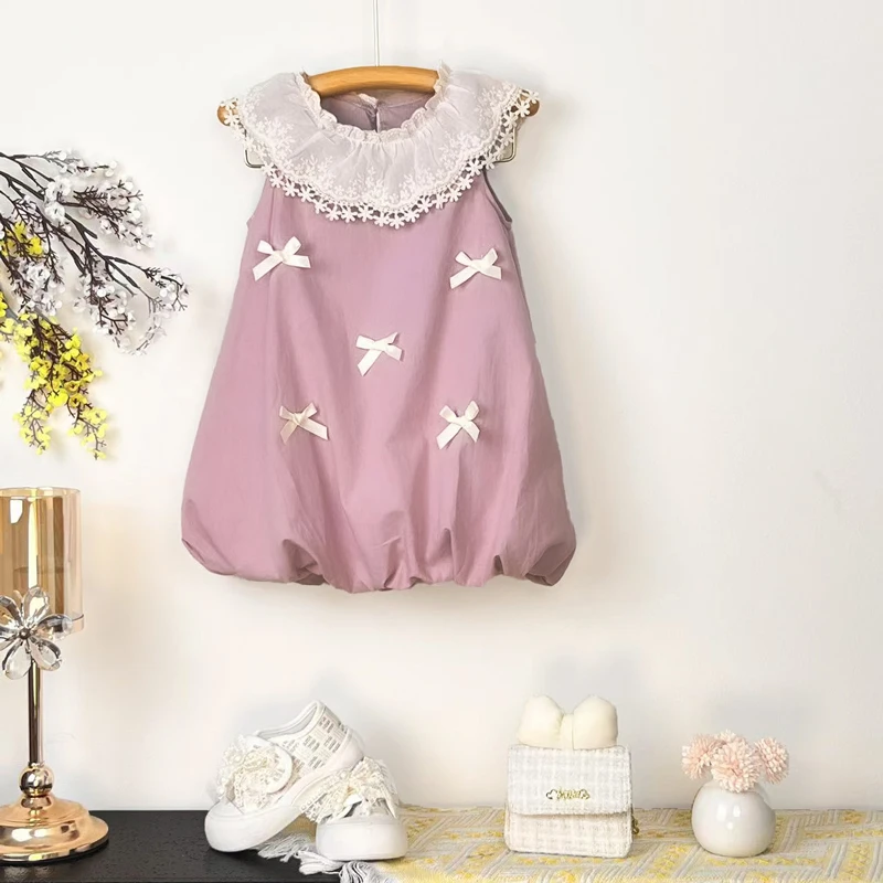 甜柚比比儿童女童裙2025年夏季新款娃娃领刺绣花苞裙甜美绣花裙