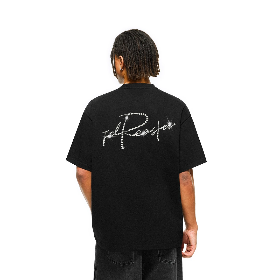 FDR官方店  闪光手写字钉珠短袖T恤男女夏季潮牌宽松情侣体恤上衣