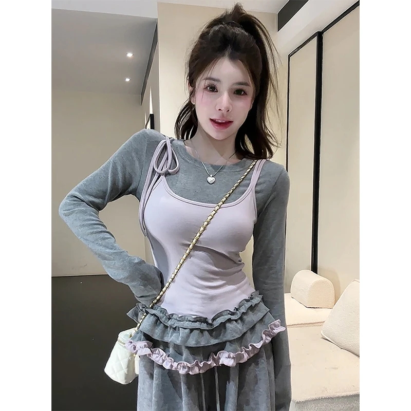 韩系假两件吊带拼接长袖t恤女春季纯欲辣妹短款修身花边下摆上衣