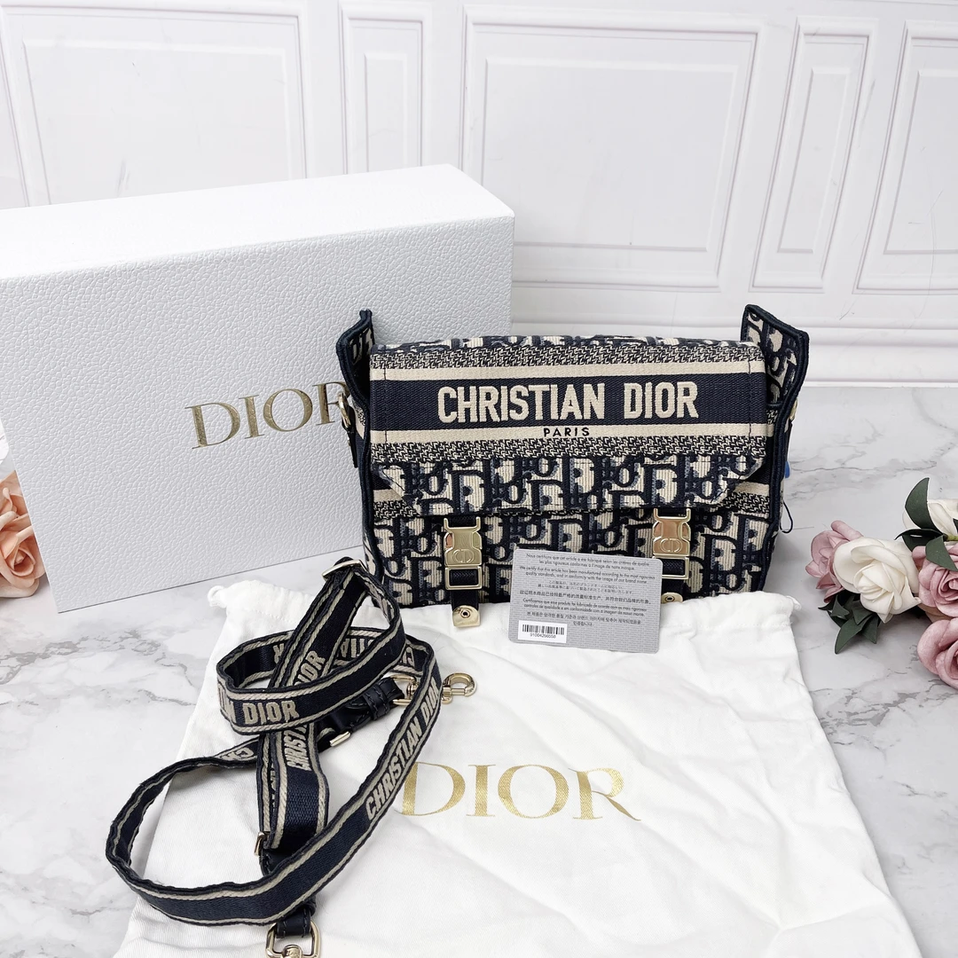 95新 DIOR/迪奥 Dior/迪奥蓝色Oblique印花刺绣邮差小号单肩包