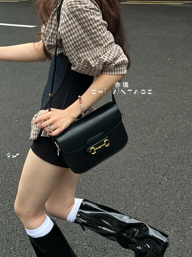 95新 GUCCI/古驰 9845 黑金1955马鞍单肩斜挎包中号