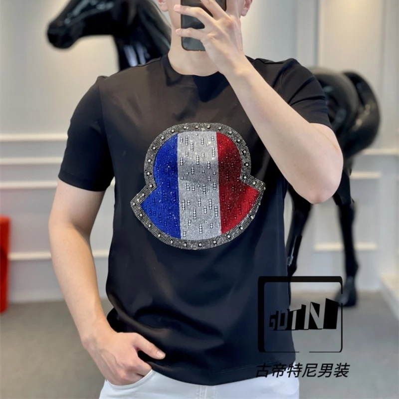 <古帝特尼>新款男士潮流高定欧货百搭时尚修身烫钻圆领短袖Z+5253