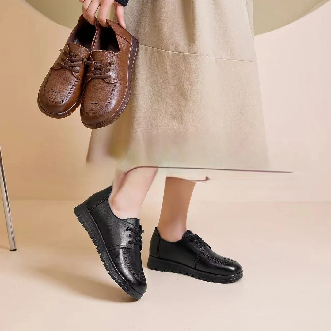 女鞋牛皮妈妈鞋牛津底休闲防滑一脚蹬单鞋松紧春秋软底英伦风时尚