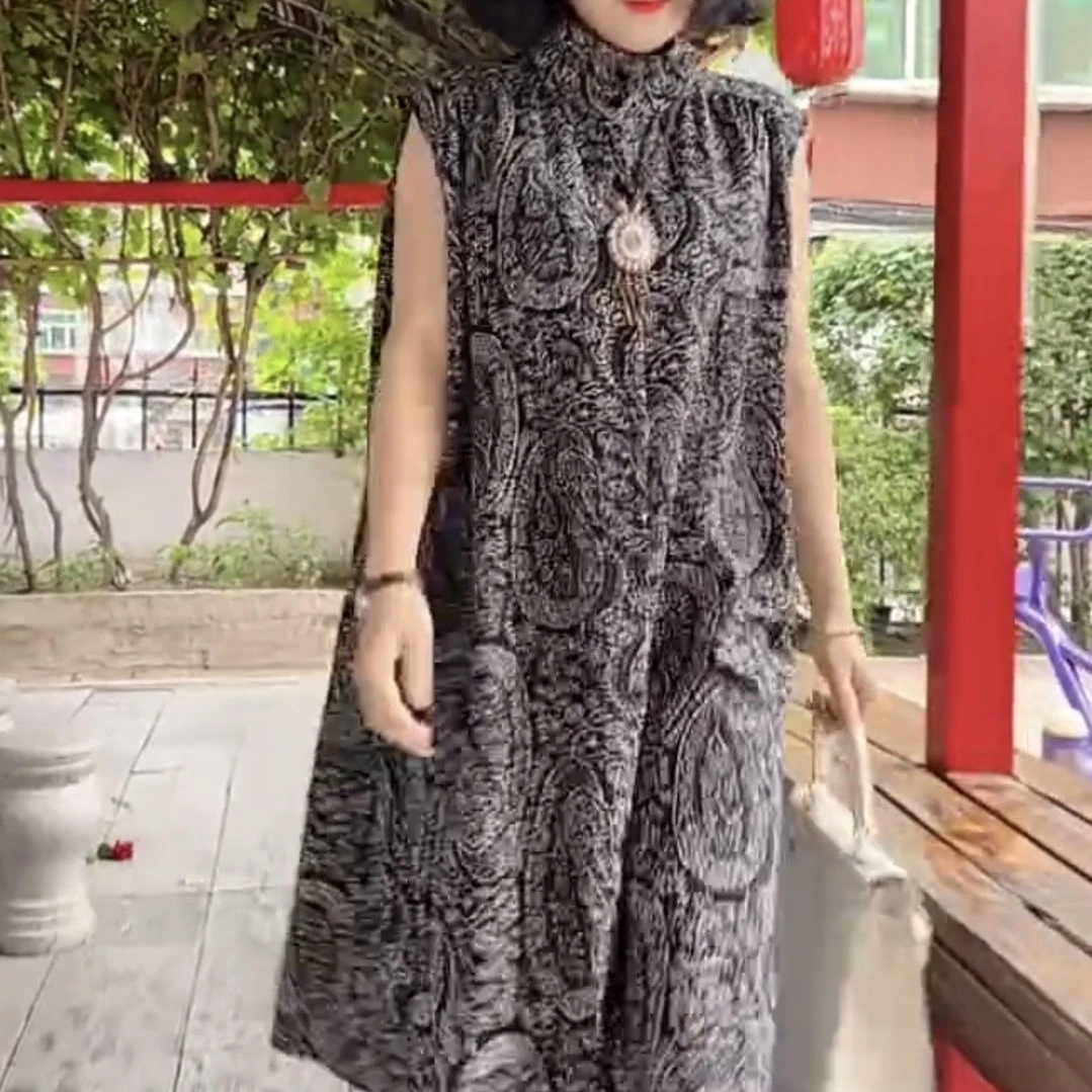 轻薄复古碎花翻领无袖设计减龄遮肚子中长裙03