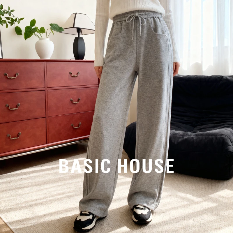 Basic House/百家好松紧腰弯刀裤女休闲秋冬新款纯色百搭运动裤