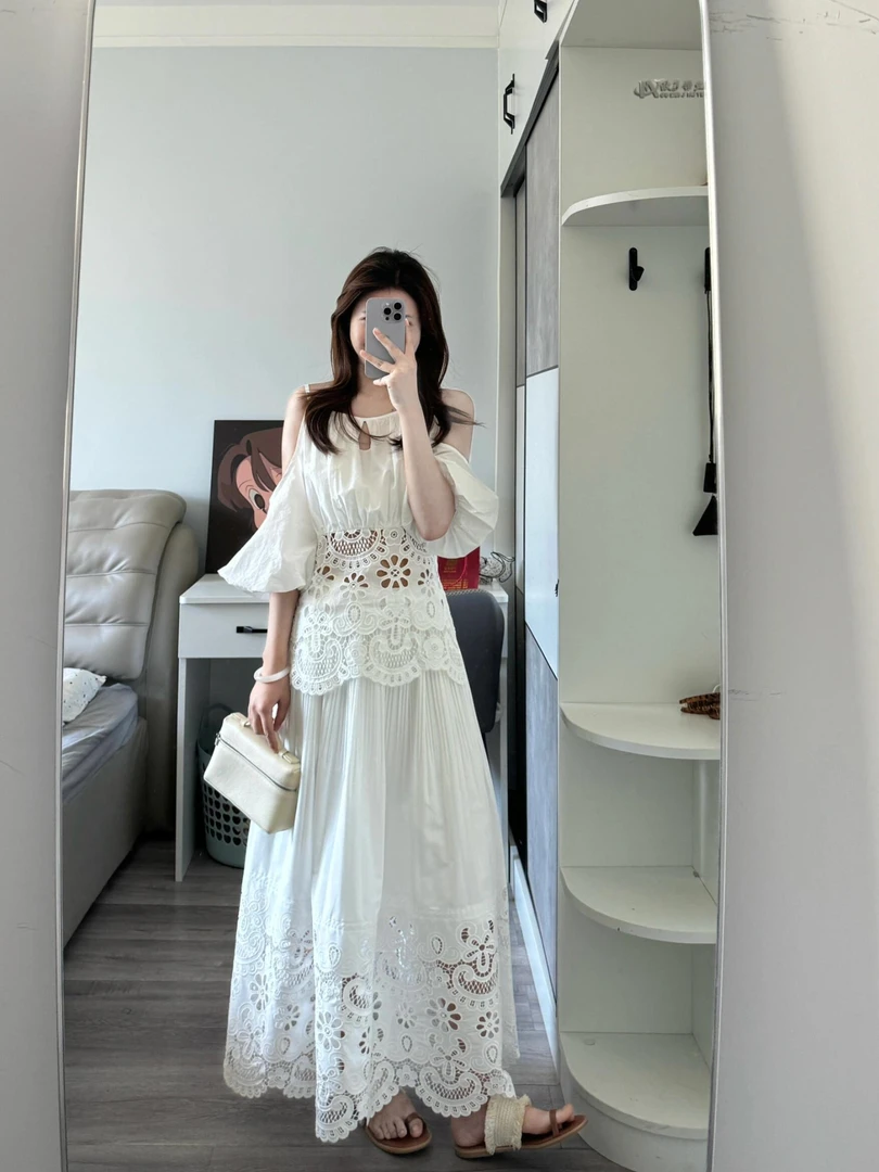 2025夏季新款法式慵懒显瘦露肩衬衫钩花镂空半身裙韩系气质两件套