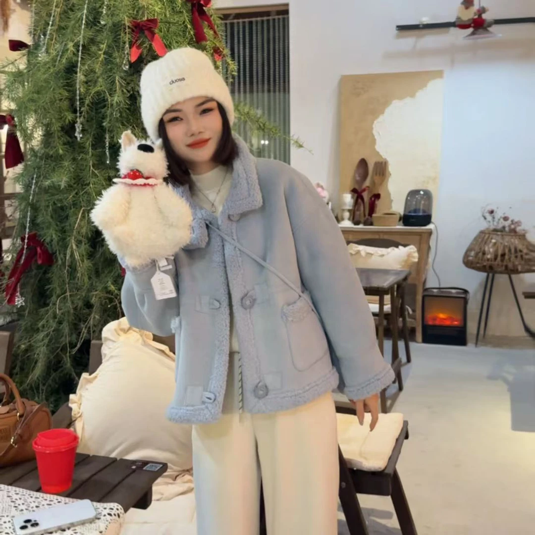 【手机包皮毛一体】冬季立领单排扣马卡龙色系外罩方口袋短外套