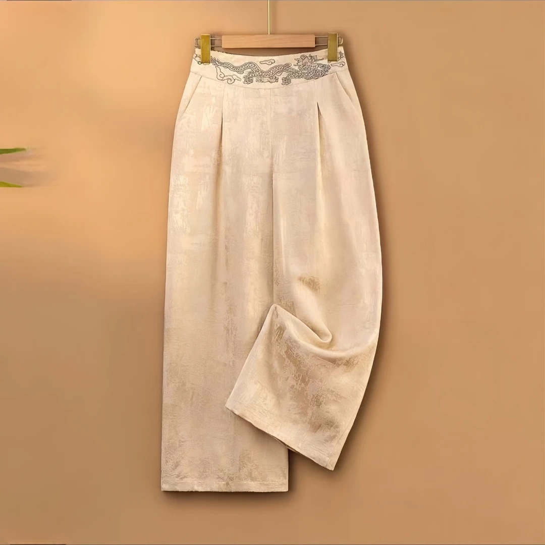 【龙纹】新款春季新中式休闲裤女宽松直筒长裤国风绣花裤子女款