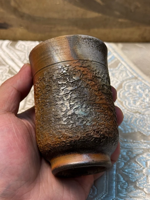 米田芳清·日本作家器·备前烧·柴烧·七彩石目纹·中古·茶杯·压手杯