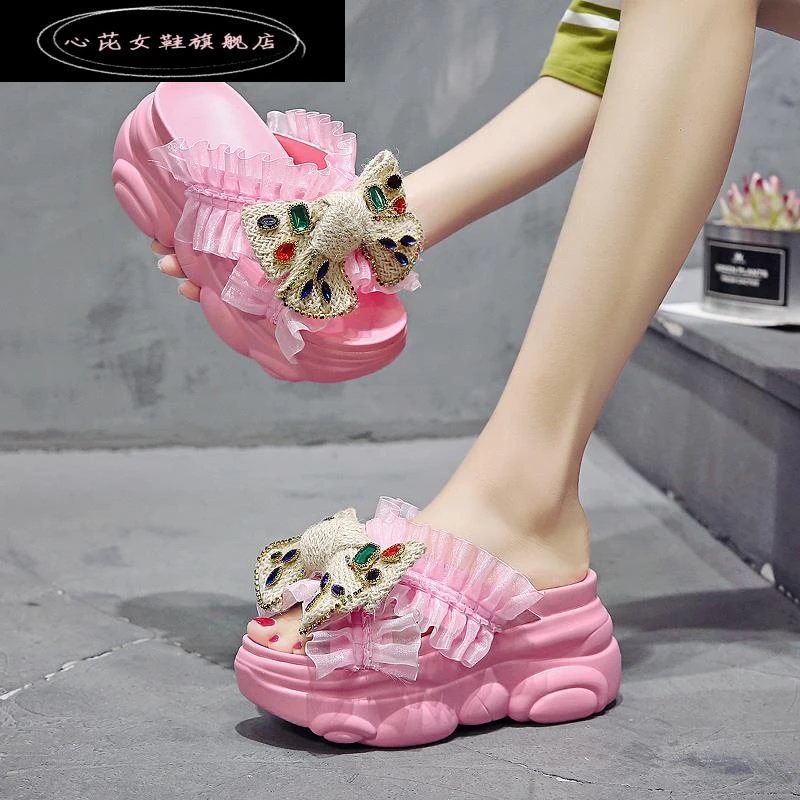 心芘厚底拖鞋女可爱ins外穿夏季2025新款时尚蕾丝百搭内凉拖鞋潮