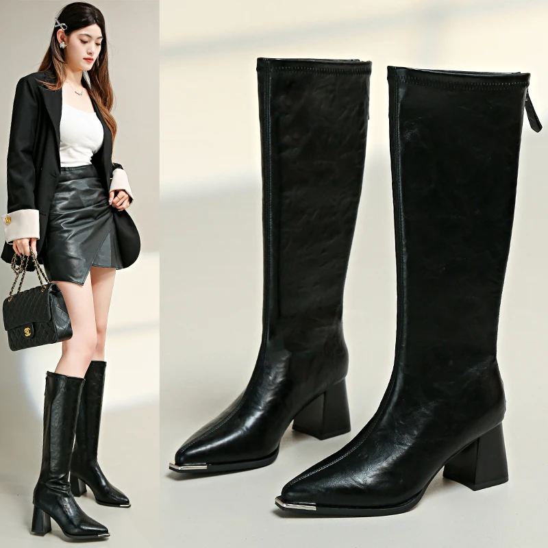 【品牌】2025新款瘦腿高筒靴显瘦长筒靴子尖头粗高跟长靴女81-1