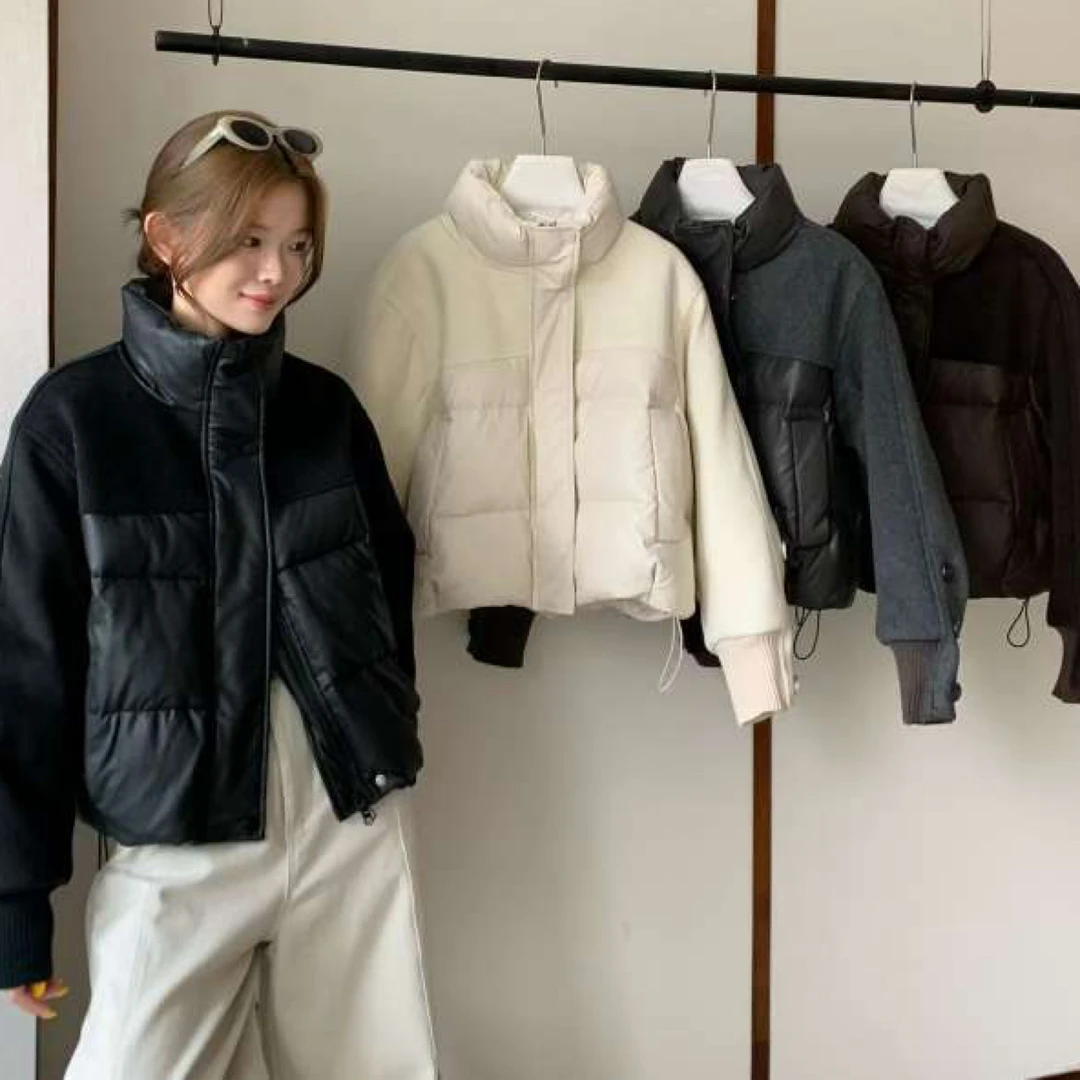 PU皮立领女短款冬季加厚白鸭绒小个子时尚保暖外套