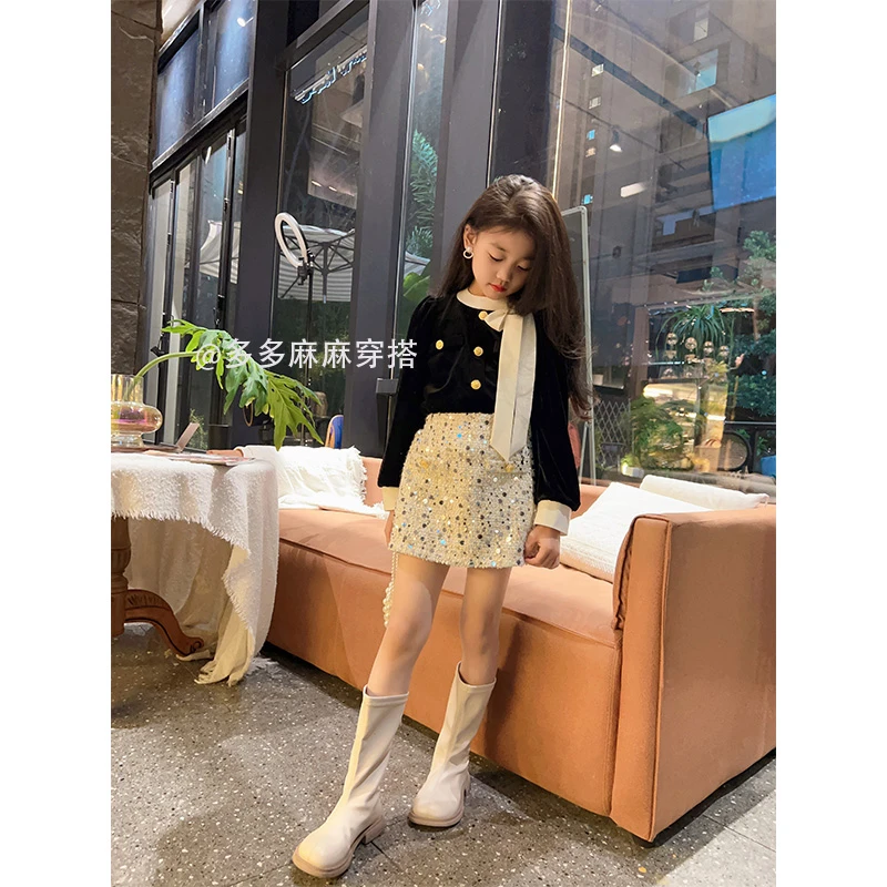 女童小香风蝴蝶结设计感丝绒长袖2024新款两件套23829#