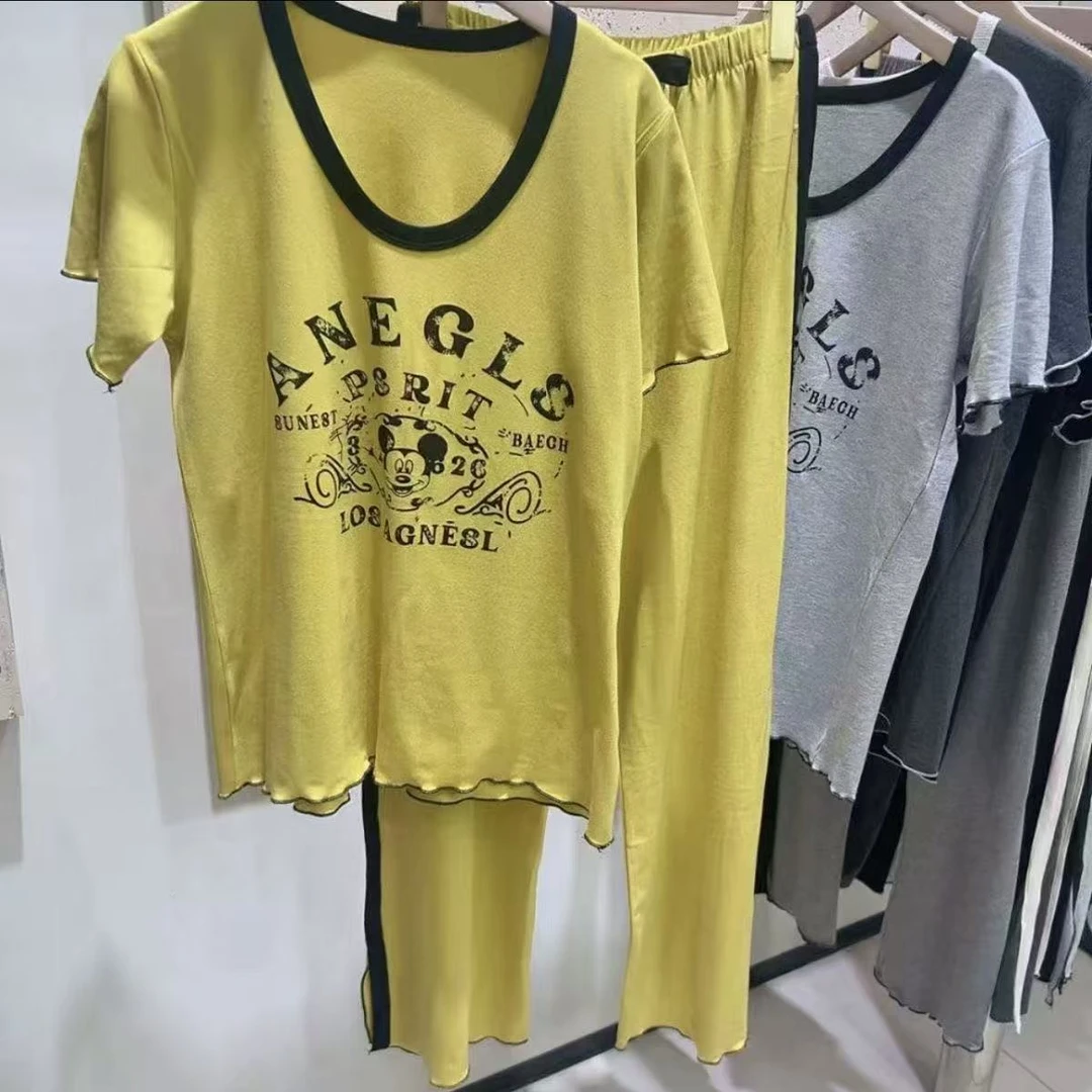 新款大码韩版时尚莫代尔米奇印花短袖长裤套装居家外穿睡衣夏