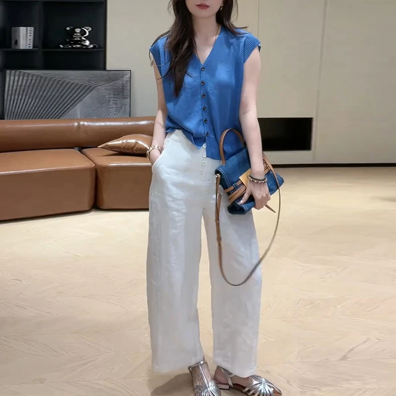 夏季简约纯色单排扣V领针织短袖气质百搭+排扣设计感高腰休闲裤女