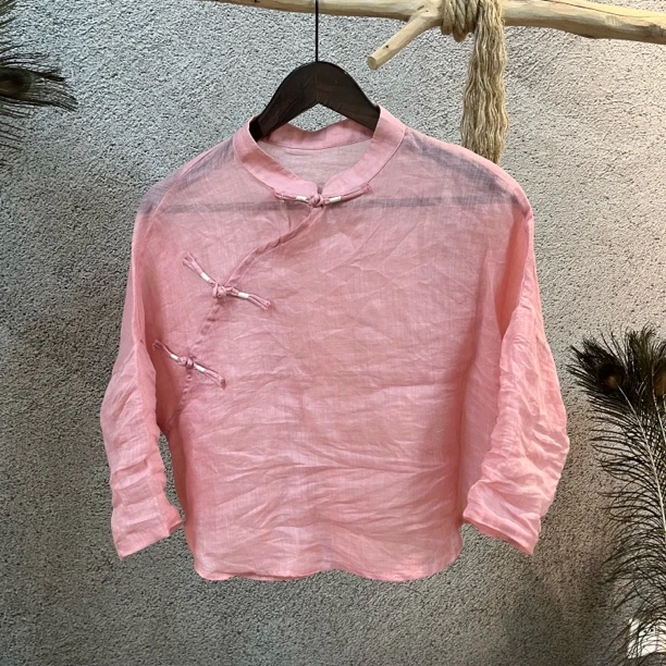 福利款短款盘扣七分袖苎麻衫【衣长53胸围118】