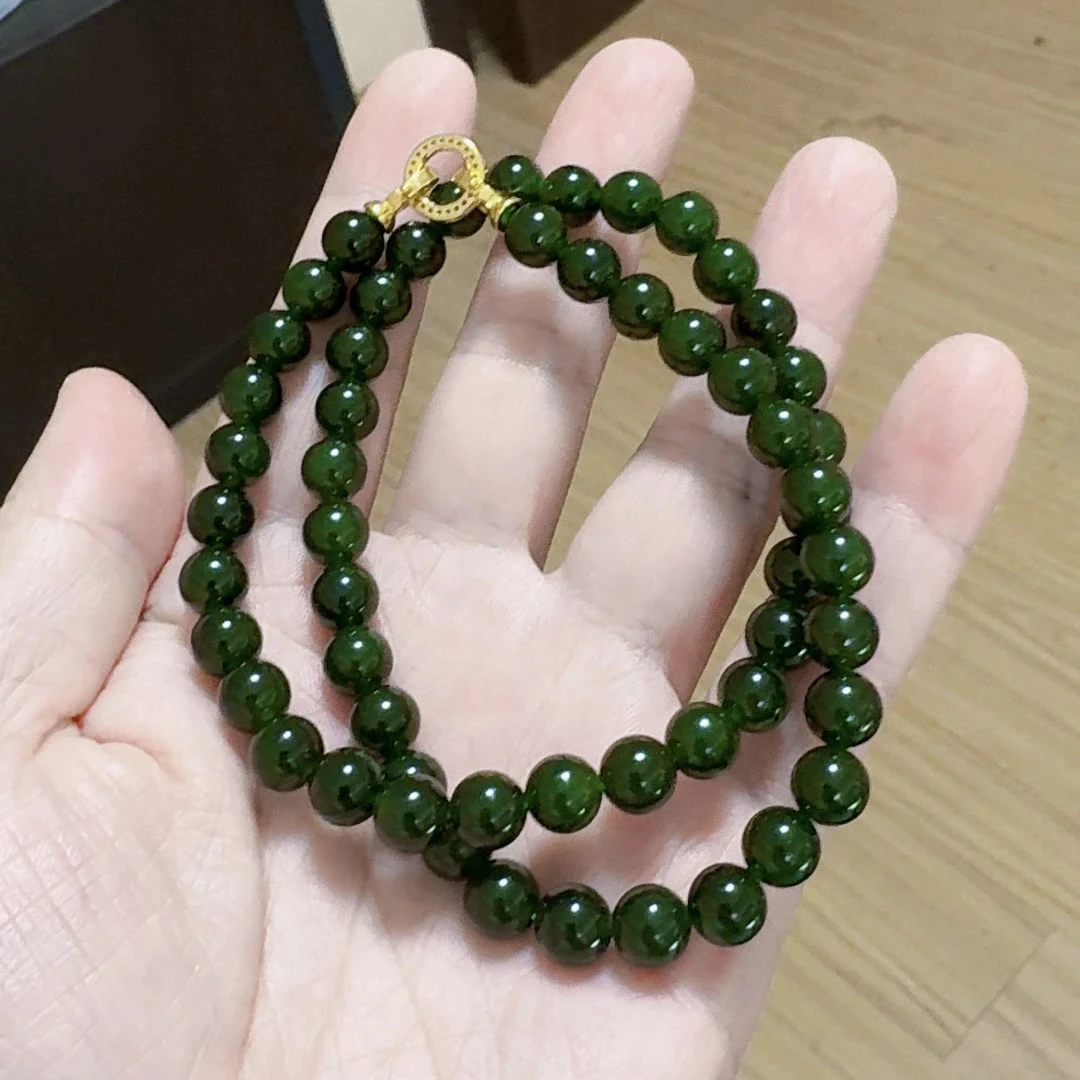 和田玉（碧玉）卡8菠菜绿56颗锁骨链无矿点
