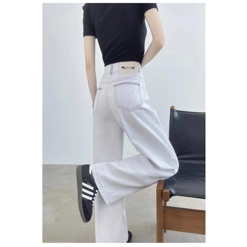 紫罗兰阔腿牛仔裤女夏季薄款垂感高腰显瘦拖地撞色明线休闲直筒裤