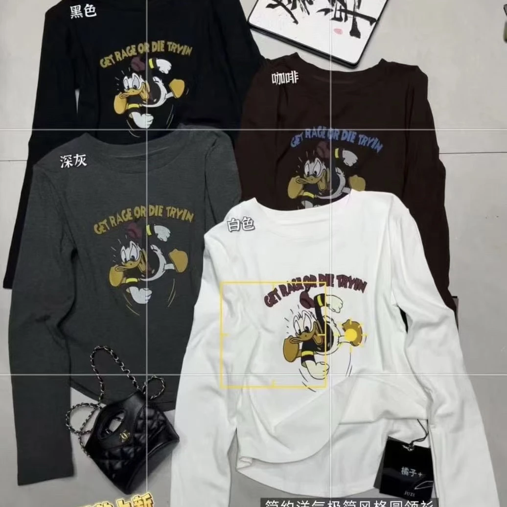 新品圆领长袖卡通印花短款印花T恤女士加绒加厚