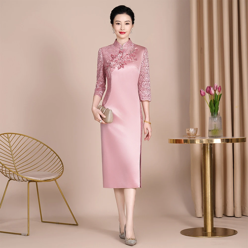 旗袍春秋冬新中式蕾丝喜婆婆婚礼服显瘦高级感中国风喜妈妈连衣裙