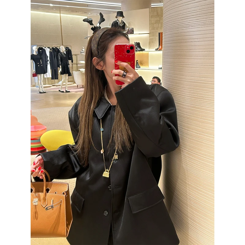 tingtings【美式复古】高级珠光醋酸翻领西装外套