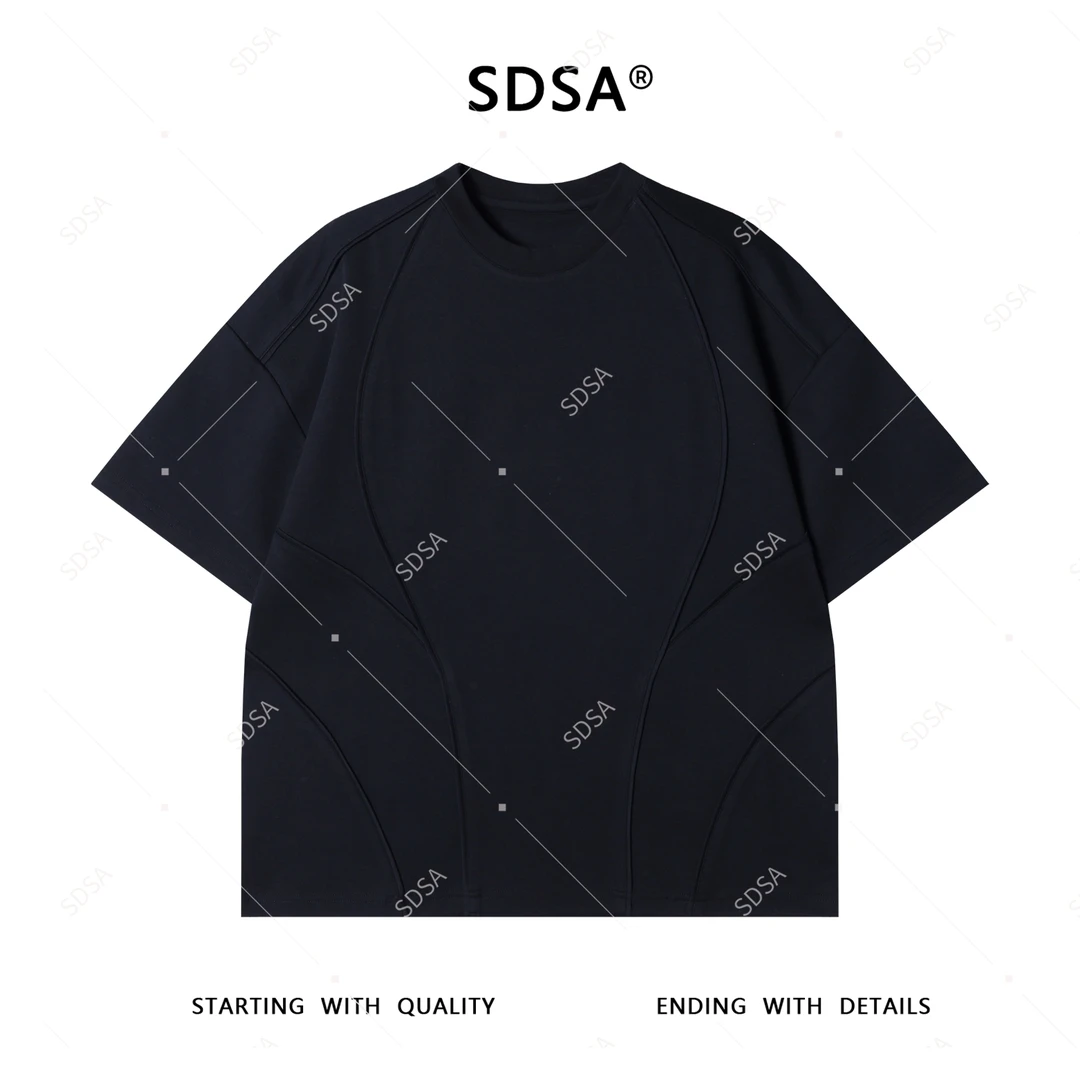 夏季高级感新款男士韩系简约纯色压线短袖T恤百搭时尚圆领上衣