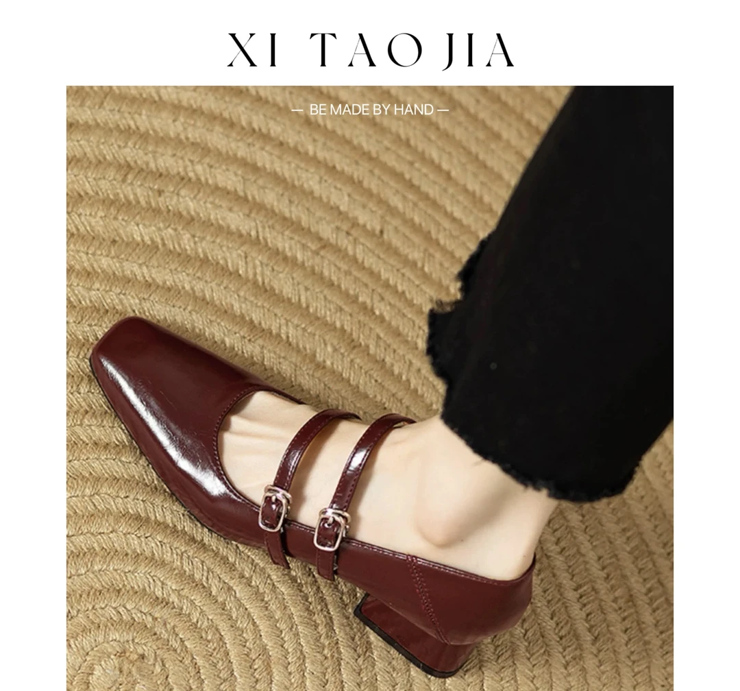 3cm银色复古法式方头一字带粗跟玛丽珍单鞋百搭鞋子夏季高跟鞋女