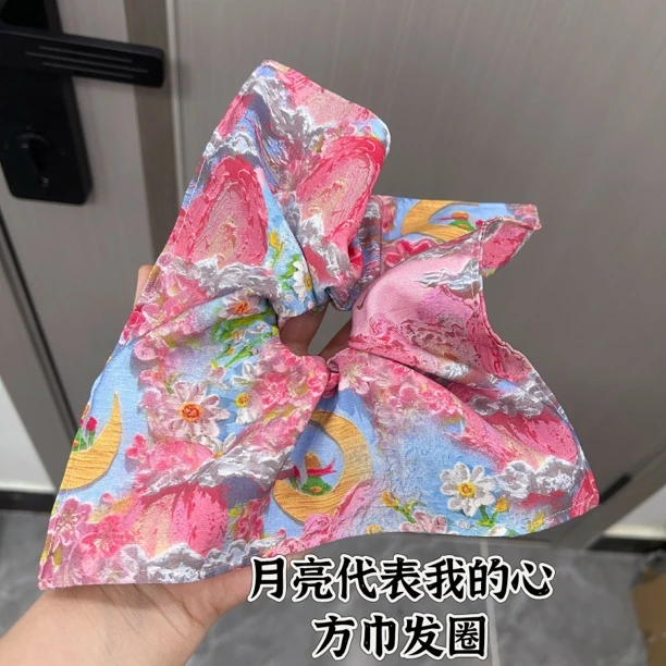 月亮代表我的心~韩国方巾大肠发圈扎发高级感方形发饰低马尾头绳