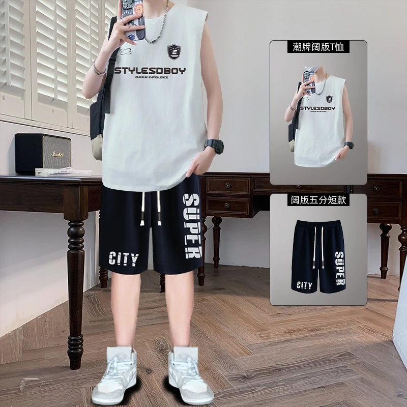 重磅纯棉潮牌美式无袖背心潮流字母印花男夏季1701套装